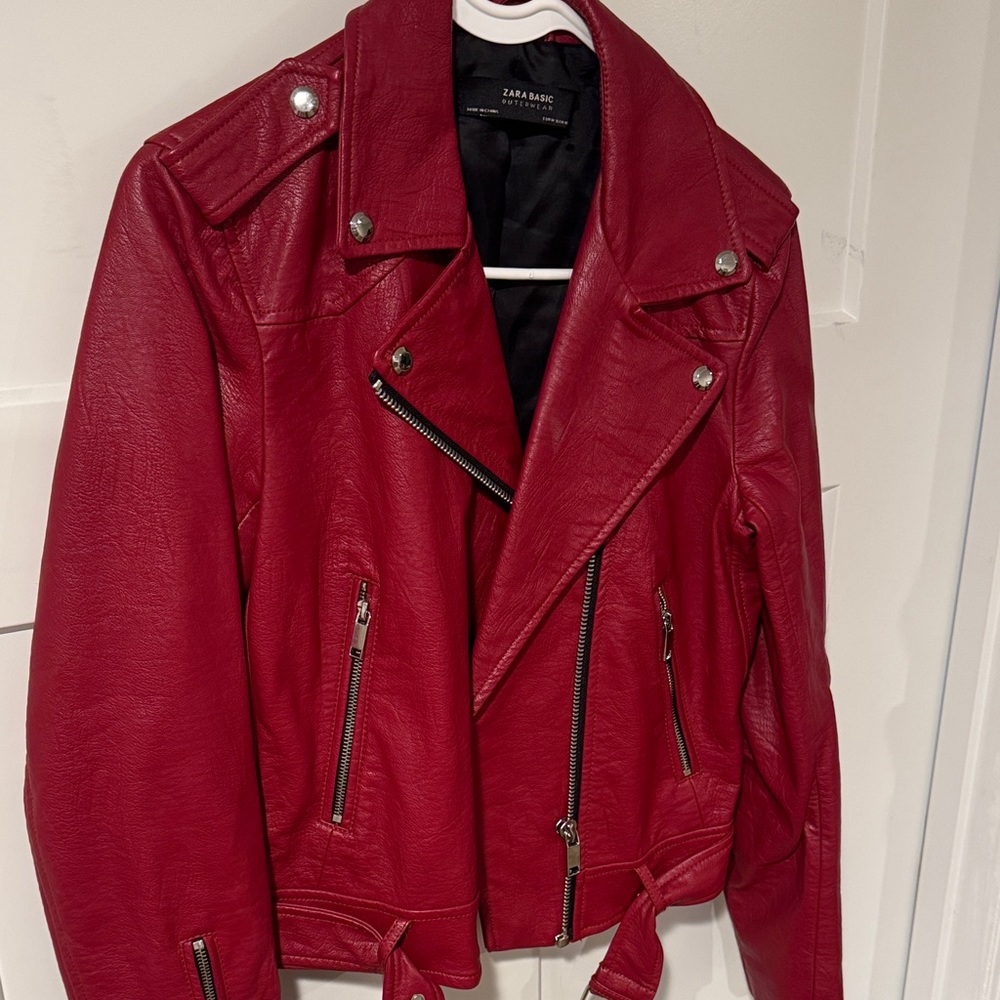 ZARA Red Leather Biker Jacket Medium